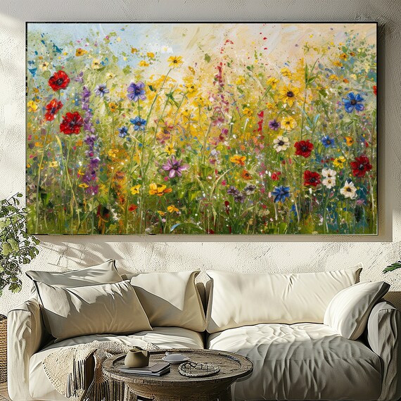 Abstract Flowers Impasto Paint - Wildflower Textured Art, Acrylic Painting, Large Digital Print for Wall Decor.