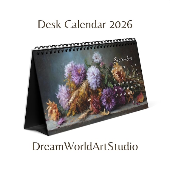 Desk Calendar 2026, Vintage Retro Floral Wall Art Decor, 12 Month Desktop Desk Organizer, Christmas Gifts for Him & Her