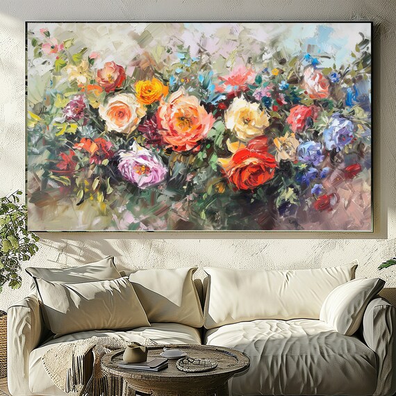 Rose Bouquet, Textured Wall Art, Print on Demand, Oil Impasto Painting, Floral Prints, Large Canvas Art.
