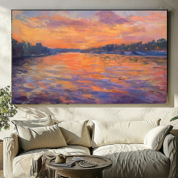 Landscape Art, Oil Painting, Lake View, Sunset Landscape, Impressionist, Modern Wall Art, Large Stock Photos.