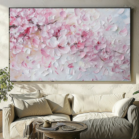 Cherry Blossom Sakura Art, Textured Acrylic Painting, Japanese Wall Decor, Large Digital Print, Stock Photos.