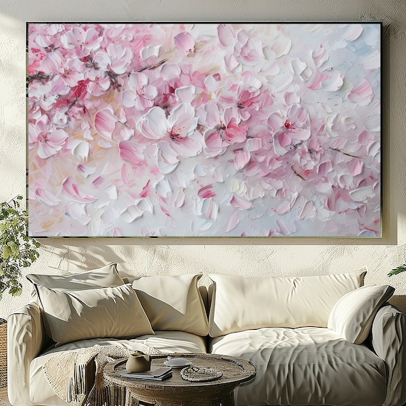 Cherry Blossom Sakura Art, Textured Acrylic Painting, Japanese Wall Decor, Large Digital Print, Stock Photos.