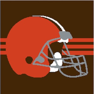 May include: A brown and orange football helmet with a white stripe and a gray face mask.