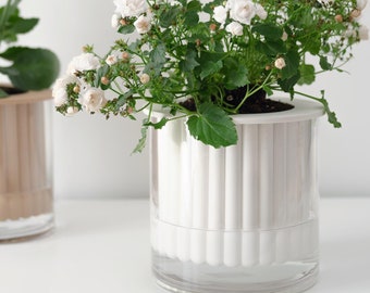 May include: Two potted plants, one with white flowers and a white planter, the other with red flowers and a brown planter. Both planters have a unique ribbed design.