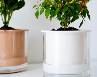 May include: Two clear plastic self-watering planters, one with a brown outer layer and one with a white outer layer. The planter on the left contains a pink flowering plant. The planter on the right contains a green plant with small orange peppers.