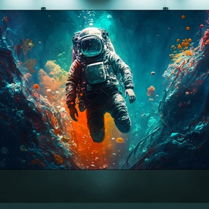 Può includere: Una vivace stampa d'arte digitale raffigura un astronauta che fluttua in un ambiente sottomarino surreale. L'astronauta, in tuta spaziale, è circondato da formazioni colorate e vorticose nelle tonalità del blu, dell'arancione e del verde acqua. L'opera d'arte evoca un senso di esplorazione e meraviglia.