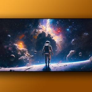 May include: An astronaut in a white spacesuit stands on a rocky surface, gazing out at a vast, colourful nebula in the distance. The nebula is filled with swirling clouds of gas and dust, and there are several stars and planets visible in the background.