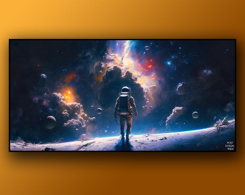 May include: An astronaut in a white spacesuit stands on a rocky surface, gazing out at a vast, colourful nebula in the distance. The nebula is filled with swirling clouds of gas and dust, and there are several stars and planets visible in the background.