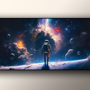 May include: An astronaut in a white spacesuit stands on a rocky surface, gazing out at a vast, colourful nebula in the distance. The nebula is filled with swirling clouds of gas and dust, and there are several stars visible in the background.