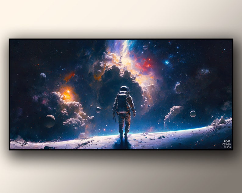 May include: An astronaut in a white spacesuit stands on a rocky surface, gazing out at a vast, colourful nebula in the distance. The nebula is filled with swirling clouds of gas and dust, and there are several stars visible in the background.