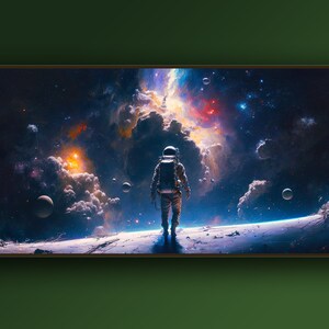 May include: An astronaut in a white spacesuit stands on a rocky surface, gazing out at a vast, colourful nebula in the distance. The nebula is filled with swirling clouds of gas and dust, and there are several stars visible in the background.