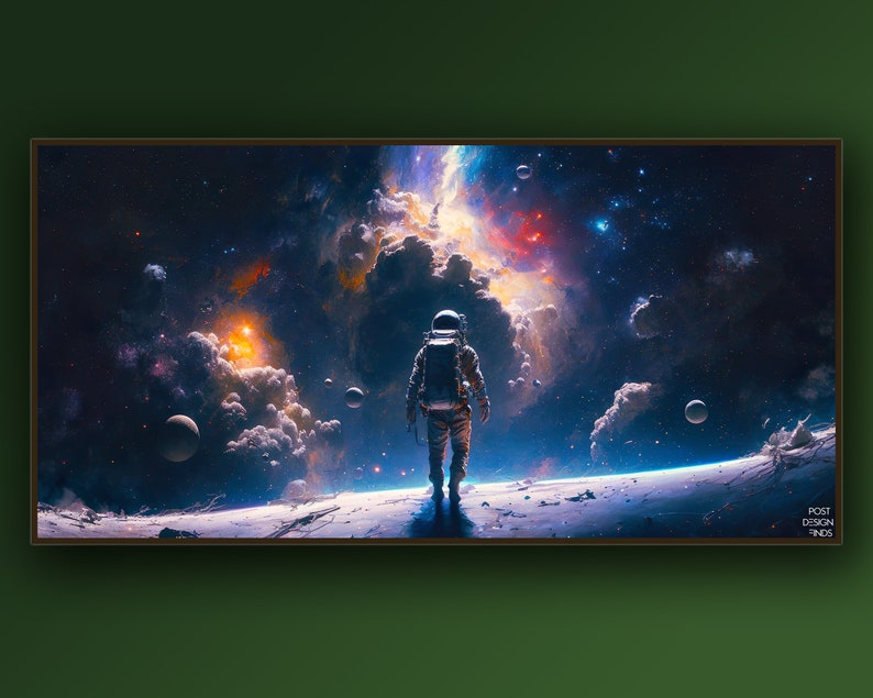 May include: An astronaut in a white spacesuit stands on a rocky surface, gazing out at a vast, colourful nebula in the distance. The nebula is filled with swirling clouds of gas and dust, and there are several stars visible in the background.