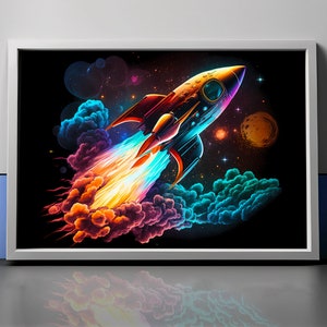 May include: A colorful rocket ship blasts off into space, leaving a trail of vibrant orange, yellow, and blue flames. The rocket is surrounded by swirling clouds of smoke and stars.