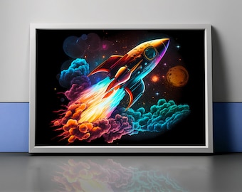 Neon Rocket in Space | Beautiful, Abstract, Colorful, Vector Art, Stylistic Painting Design | HD, 4k, 300 DPI Images | Digital Download