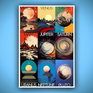 May include: A colorful poster featuring stylized illustrations of the planets in our solar system. Each planet is depicted with its name in bold text, including Mercury, Venus, Earth, Mars, Jupiter, Saturn, Uranus, Neptune, and Pluto.