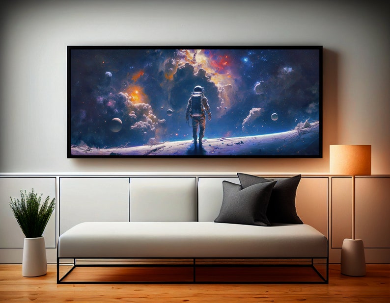 May include: An astronaut stands on a planetary surface, gazing out at a vast, colourful nebula in space. The astronaut is wearing a white spacesuit with a black visor. The nebula is filled with swirling clouds of gas and dust, and there are several stars and planets visible in the background.
