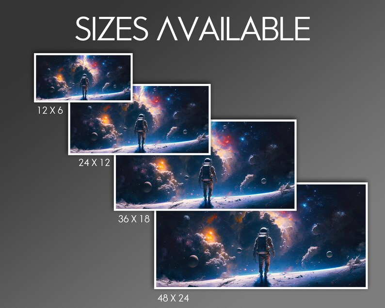 May include: A digital art print featuring an astronaut walking on a planet with a nebula background. The print is available in four sizes: 12x6 inches, 24x12 inches, 36x18 inches, and 48x24 inches.