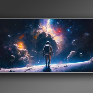 May include: An astronaut in a white spacesuit stands on a rocky surface, gazing out at a vast, colourful nebula in the distance. The nebula is filled with swirling clouds of gas and dust, and there are several stars visible in the background.