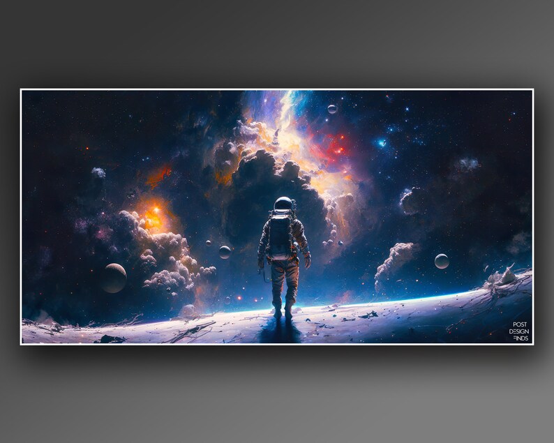May include: An astronaut in a white spacesuit stands on a rocky surface, gazing out at a vast, colourful nebula in the distance. The nebula is filled with swirling clouds of gas and dust, and there are several stars visible in the background.