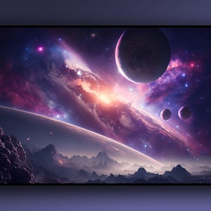 May include: A digital art print of a cosmic scene featuring planets, nebulae, and galaxies. The artwork showcases a vibrant color palette of purples, blues, and oranges, with celestial bodies and a mountainous landscape in the foreground. The text "POST DESIGN FINDS" is in the lower left corner.