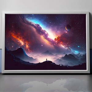 May include: A lone figure stands on a mountaintop, gazing out at a vast, colorful nebula in the night sky. The nebula is a mix of red, orange, blue, and purple hues, with a small, bright planet visible in the upper right corner. The mountains are silhouetted against the nebula, and the scene is filled with a sense of wonder and awe.