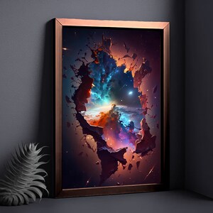 May include: A framed print of a colorful nebula with a broken, cracked, and shattered effect, as if the nebula is bursting through the frame.