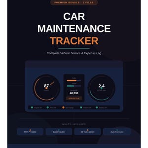 Peut inclure: Un suivi numérique de l'entretien automobile sur fond bleu foncé. Le titre "CAR MAINTENANCE TRACKER" est affiché en blanc et orange. Comprend un compteur de vitesse, une jauge de carburant et un compte-tours. Avec "PDF Imprimable", "Excel Tracker" et "25 Tâches Listées".