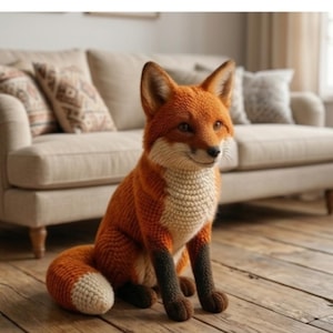 Peut inclure: Une figurine de renard en crochet, aux couleurs orange, crème et marron. Le renard est assis, la queue recourbée. L'arrière-plan comprend un canapé beige et un plancher en bois.