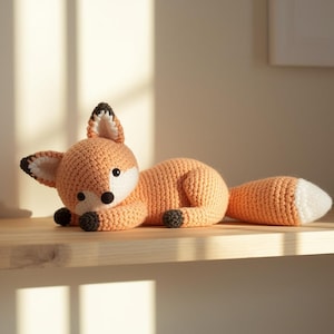 Peut inclure: Un jouet renard au crochet, de couleurs orange, blanc et noir, posé sur une étagère en bois. Le renard a un corps arrondi, une queue touffue et des détails, dont des yeux et un nez noirs. Le jouet est fait à la main.