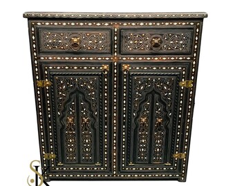 Hand carved Moroccan commode, moorish bone inlay cabinet, entryway cupboard, Wood Hall cupboard, Traditional living room Storage Cabinet