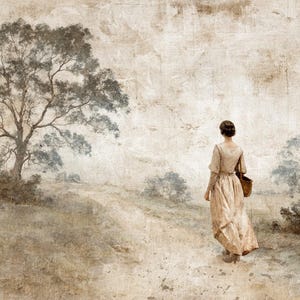 May include: An antique-style print depicts a woman walking down a dirt path, carrying a basket. The scene is set in a muted color palette of beige, brown, and gray, with a large tree on the left and smaller trees on the right. The woman wears a long dress.