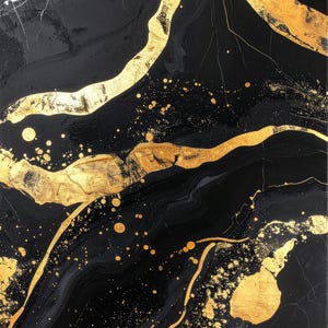 May include: Abstract art piece with a black background and gold accents. The artwork features flowing gold lines and splatters, creating a marbled effect. The contrast between the black and gold creates a luxurious feel.
