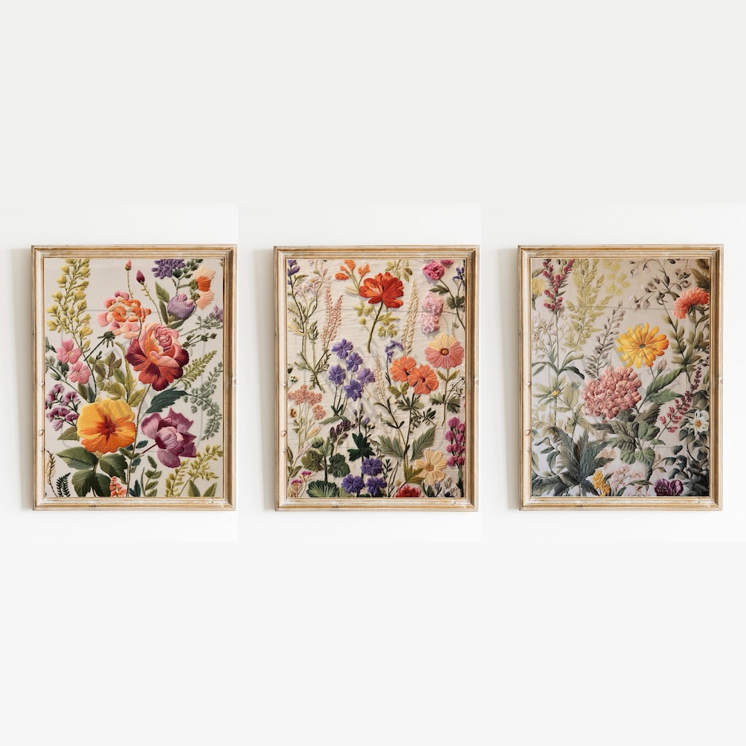 Embroidered Botanical Flower Wall Art SET of 3 Textured Etsy