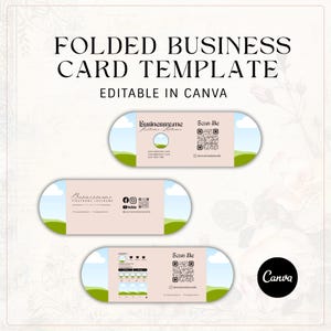 Puede incluir: Plantilla de tarjeta de visita plegada con fondo rosa claro y diseño de paisaje. La tarjeta presenta el texto "FOLDED BUSINESS CARD TEMPLATE EDITABLE IN CANVA". La tarjeta incluye espacio para el nombre de la empresa, información de contacto e iconos de redes sociales.