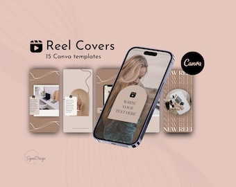 May include: A set of 15 Canva templates for Instagram reel covers. The templates feature a minimalist aesthetic with a neutral color palette of beige and brown. The text "Reel Covers" and "15 Canva templates" is displayed in black text. The text "Write your text here" is displayed in a white box on a beige background. The text "New Reel" is repeated multiple times in a beige box on a brown background.