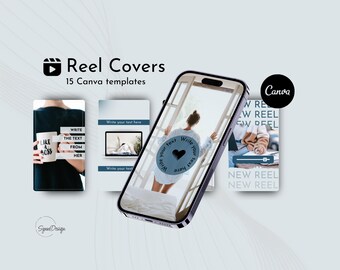 May include: A set of 15 Canva templates for creating Instagram reel covers. The templates feature a variety of designs, including a woman holding a coffee mug, a woman standing in front of a window, and a woman sitting on a couch. The templates are designed to be used with Canva, a popular online design platform. The text "Reel Covers" and "15 Canva templates" is displayed at the top of the image.