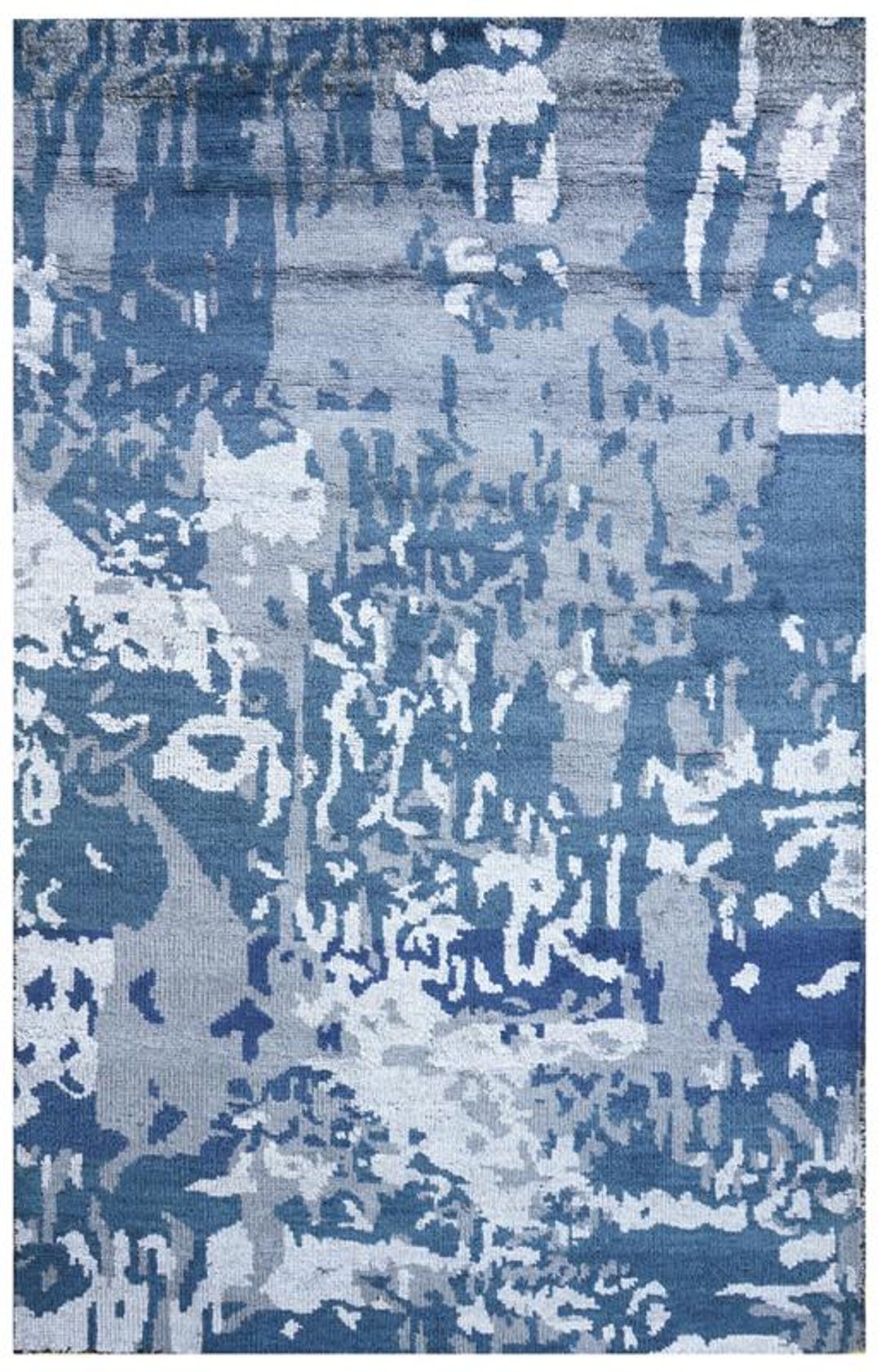 Abstract Blue Rug Pattern Blue Abstract Wool Cotton Area Rug, Modern Distressed Hand Knotted ...