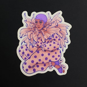 May include: A sticker featuring a cartoon illustration of a person wearing a pink and purple polka dot outfit with a large ruffled collar and roller skates. The person has purple hair and is sitting down.