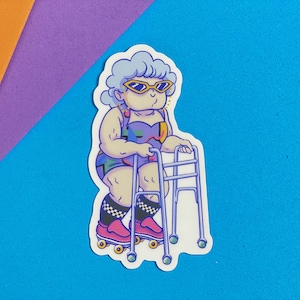 Retro Granny Rollerskater Sticker - 80’s fashion - Waterproof Matte
