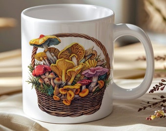 Mushroom Mug, Mushroom Basket Coffee Cup, Unique Cottagecore Gift for Nature lovers, Fungi Art Tea Cup, Trendy Vegan 11oz Drinkware