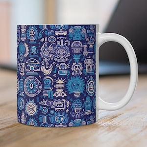 Mayan-Aztec Icon patterns Coffee Mug, Vibrant Blue Iconography Tea Cup, Unique Artistic Gift Mug for History buffs, Trendy 11oz Drinkware