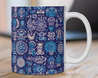 Mayan-Aztec Icon patterns Coffee Mug, Vibrant Blue Iconography Tea Cup, Unique Artistic Gift Mug for History buffs, Trendy 11oz Drinkware