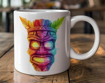 Tiki Mug, Colorful Tiki Mask Coffee Cup, Tiki Gift for Hawaiian Vacationers, Polynesian Art Tea Cup, Tiki culture Drinkware