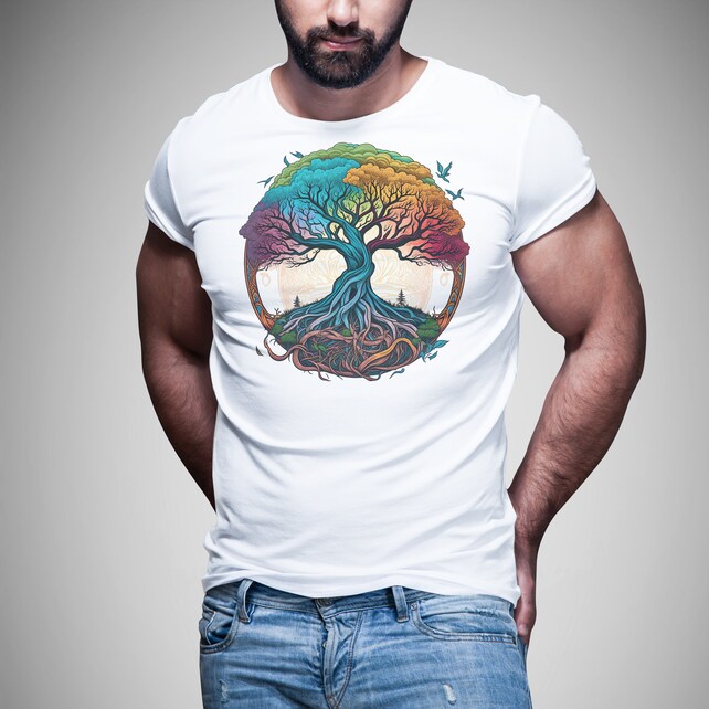 Colorful Yggdrasil Tree of Life T Shirt | Custom Graphic Norse Pagan Gift Tee, Earth Day Shirt, Men's and Women's Unisex Tshirt