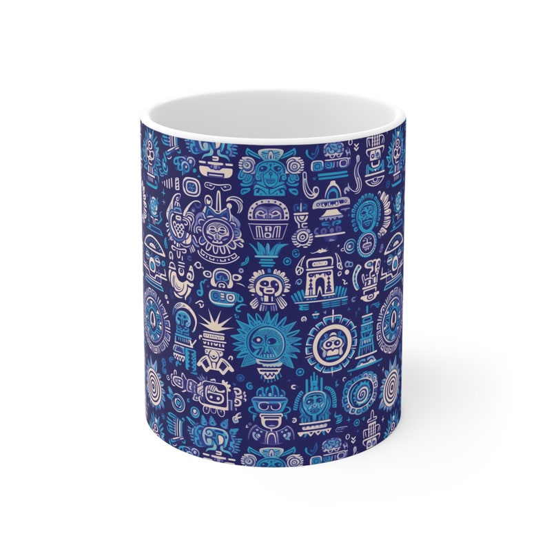 Mayan-Aztec Icon patterns Coffee Mug, Vibrant Blue Iconography Tea Cup, Unique Artistic Gift Mug for History buffs, Trendy 11oz Drinkware image 2