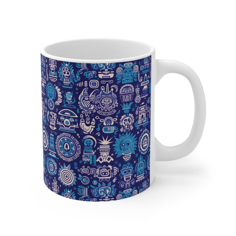 Mayan-Aztec Icon patterns Coffee Mug, Vibrant Blue Iconography Tea Cup, Unique Artistic Gift Mug for History buffs, Trendy 11oz Drinkware image 4