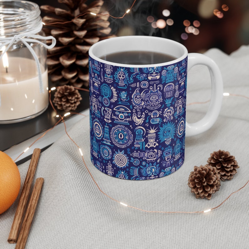 Mayan-Aztec Icon patterns Coffee Mug, Vibrant Blue Iconography Tea Cup, Unique Artistic Gift Mug for History buffs, Trendy 11oz Drinkware image 5