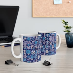 Mayan-Aztec Icon patterns Coffee Mug, Vibrant Blue Iconography Tea Cup, Unique Artistic Gift Mug for History buffs, Trendy 11oz Drinkware image 6