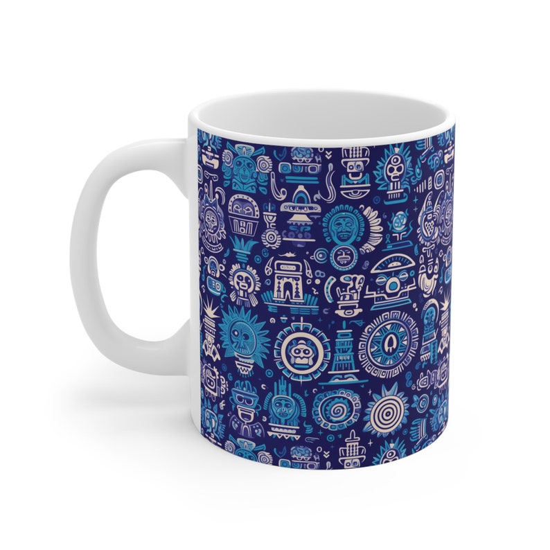Mayan-Aztec Icon patterns Coffee Mug, Vibrant Blue Iconography Tea Cup, Unique Artistic Gift Mug for History buffs, Trendy 11oz Drinkware image 3