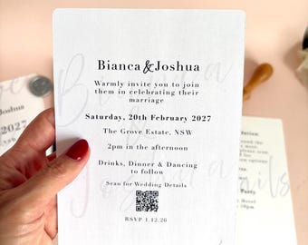 Moderne trouwkaartsuite | Minimalistische zwart-witte huwelijksuitnodiging | Elegante uitnodigingsset met QR-code | Hedendaags bruidspapier
